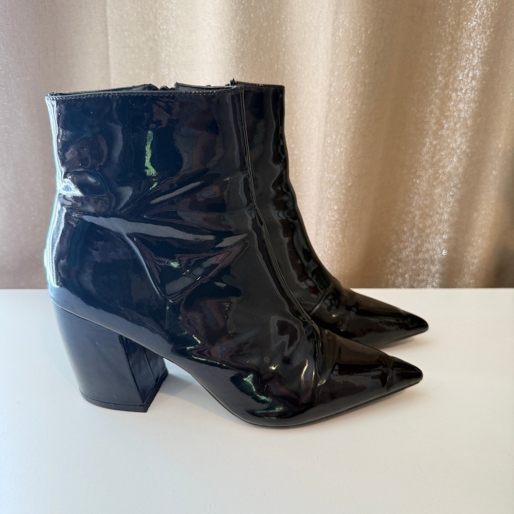 Black Patent Faux Leather Pointed Toe Block Heel Ankle Boots Side Zip Booties